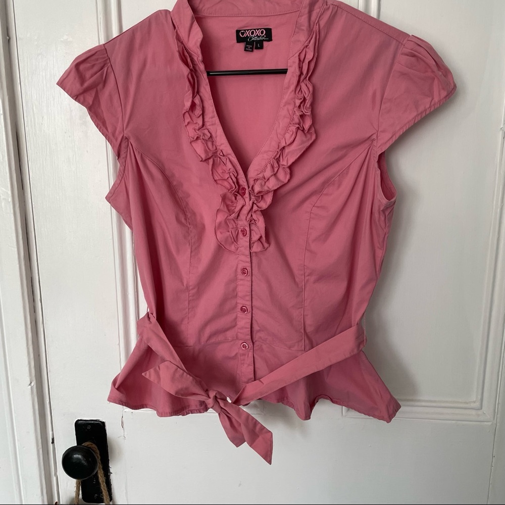 Xoxo collection pink ruffle blouse size large fits more like small or medium